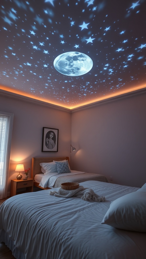 A cozy bedroom with a moonlight projector displaying a moon and stars on the ceiling.