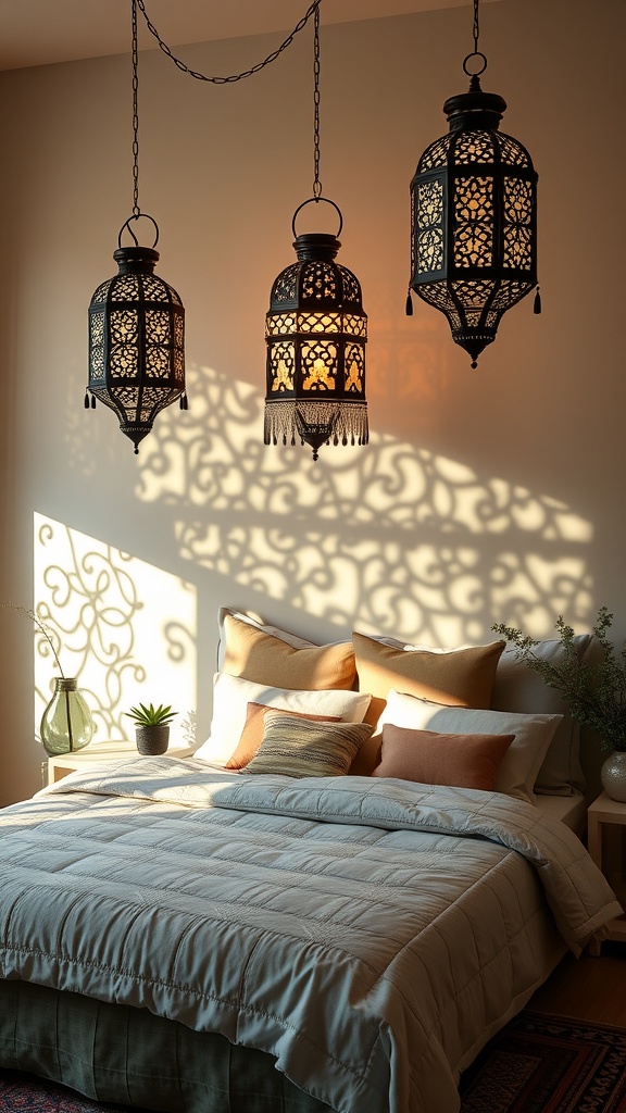 A cozy bedroom featuring three Moroccan lanterns hanging above a bed, casting intricate shadows on the wall.