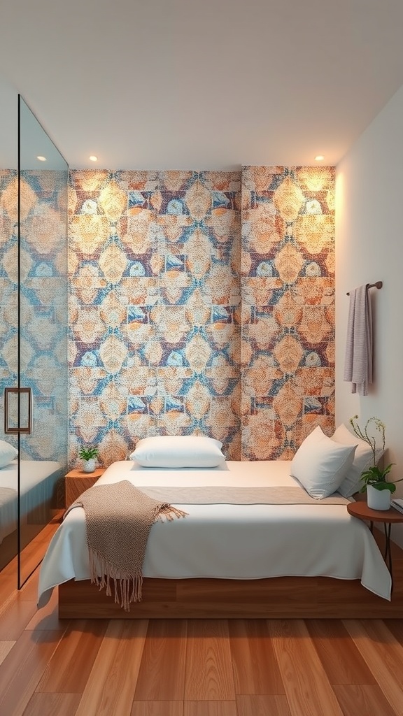 A cozy bedroom featuring a colorful mosaic accent wall, wooden flooring, and simple furnishings.