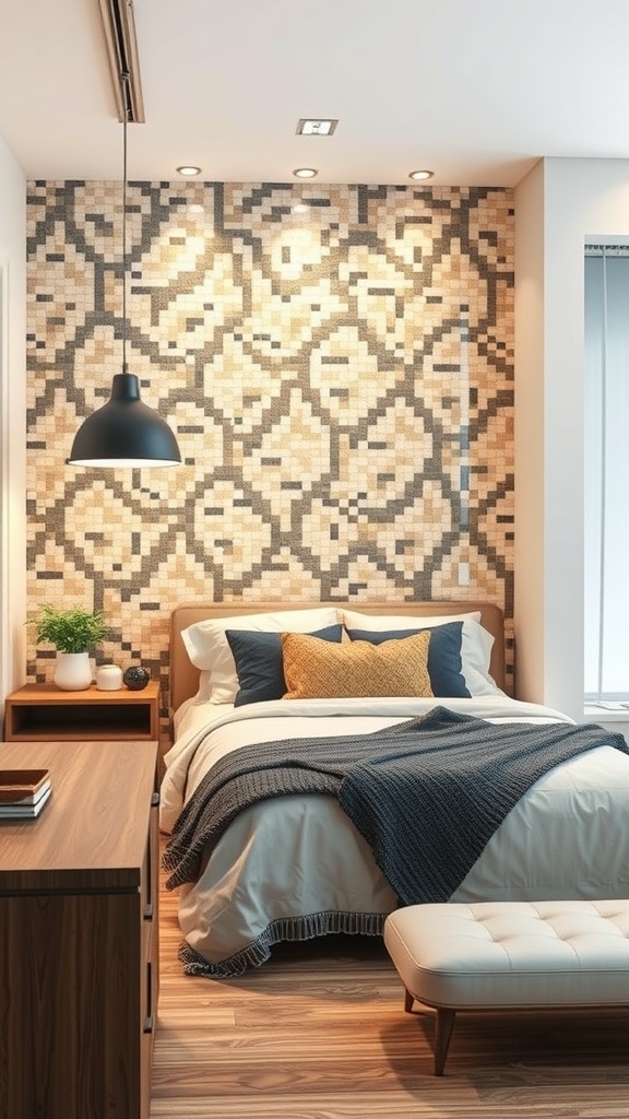 A cozy bedroom featuring a mosaic tile wall with intricate patterns in earthy tones, complemented by soft bedding and wooden furniture.