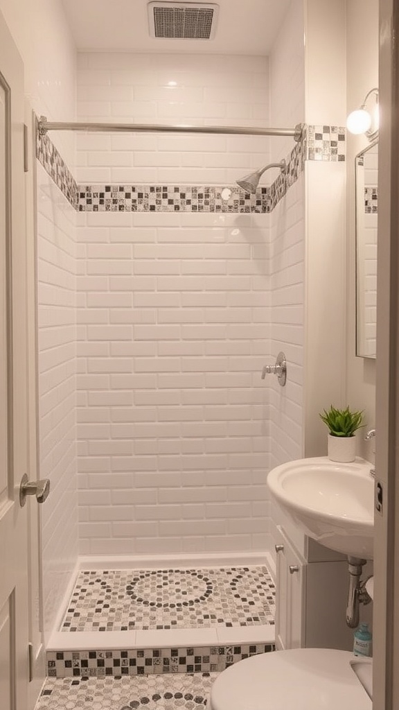 A small bathroom featuring a shower with white subway tiles and a mosaic tile accent border, and a mosaic tile floor.