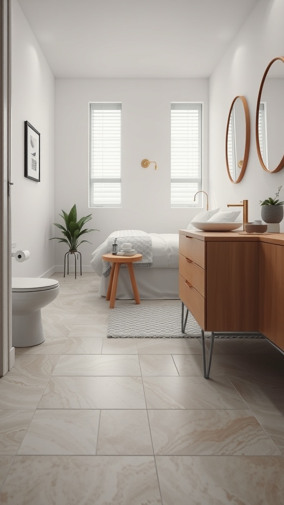 A modern bathroom with large tiles, a wooden vanity, and natural light.
