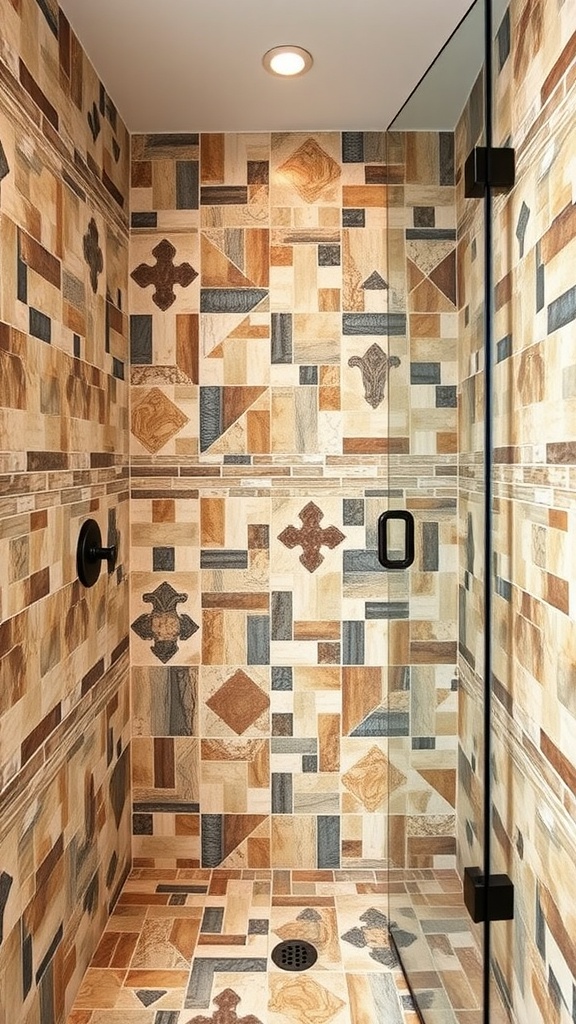 A rustic walk-in shower with mosaic tile patterns in earthy tones.