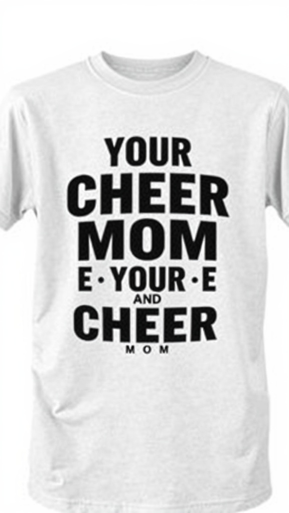 A white t-shirt with bold black text reading 'YOUR CHEER MOM'.