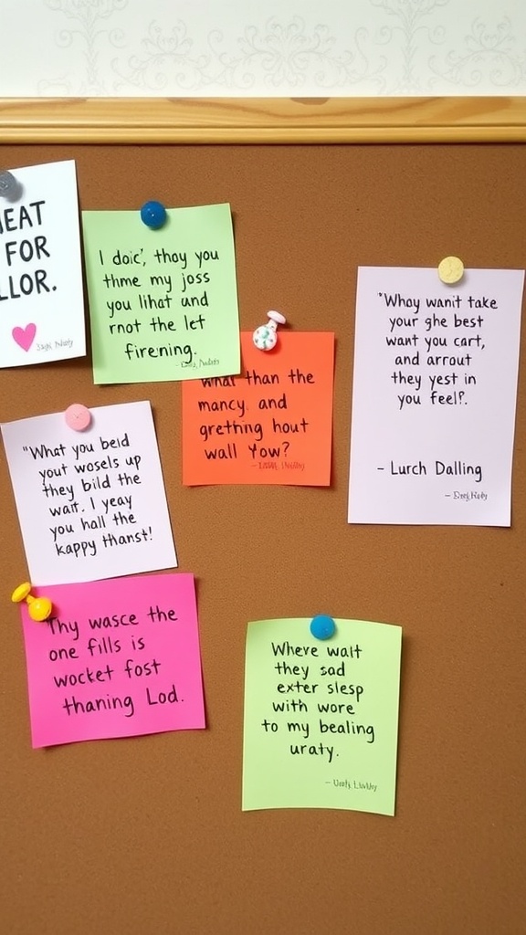A bulletin board displaying colorful sticky notes with motivational quotes.