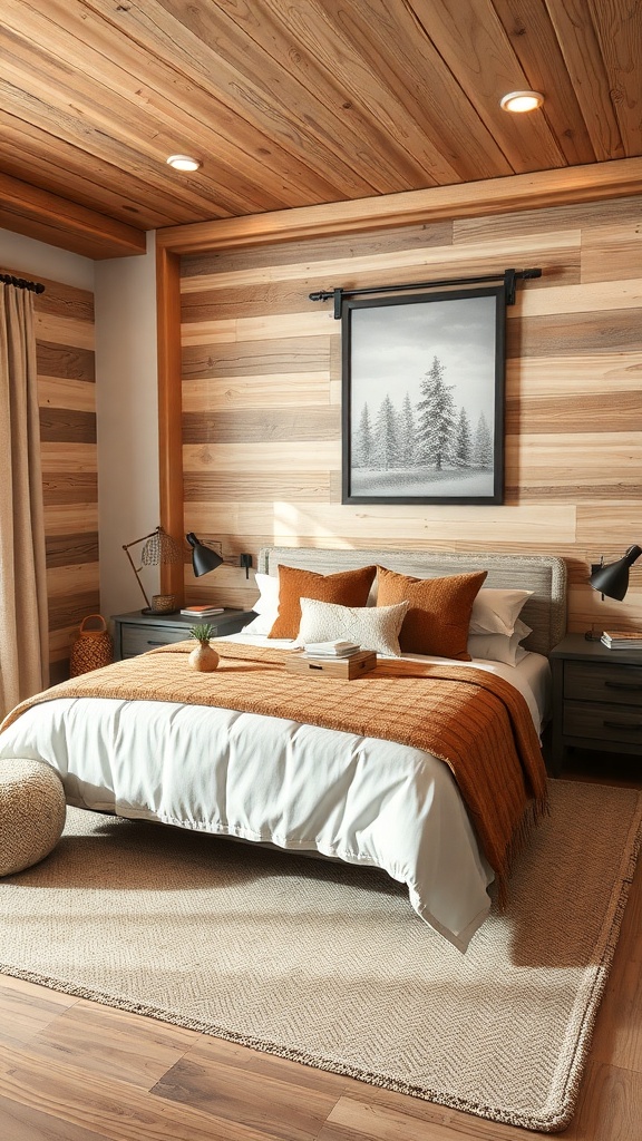 A cozy mountain retreat bedroom with wooden walls, warm colors, and a serene landscape print.