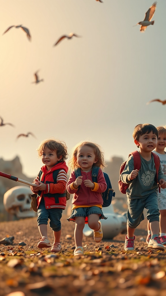 A group of cheerful children running joyfully outdoors, showcasing a sense of adventure.
