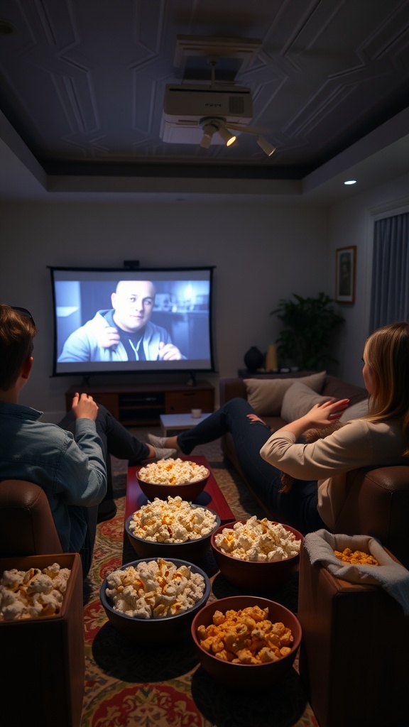 Friends enjoying a movie marathon with bowls of popcorn