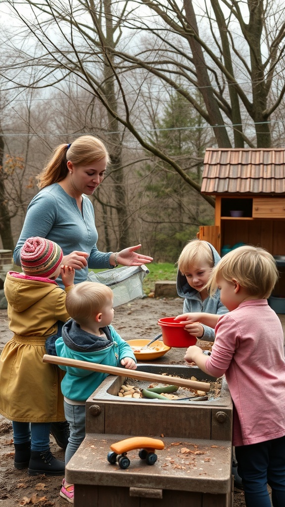 Children playing in a mud kitchen with supervision from an adult.