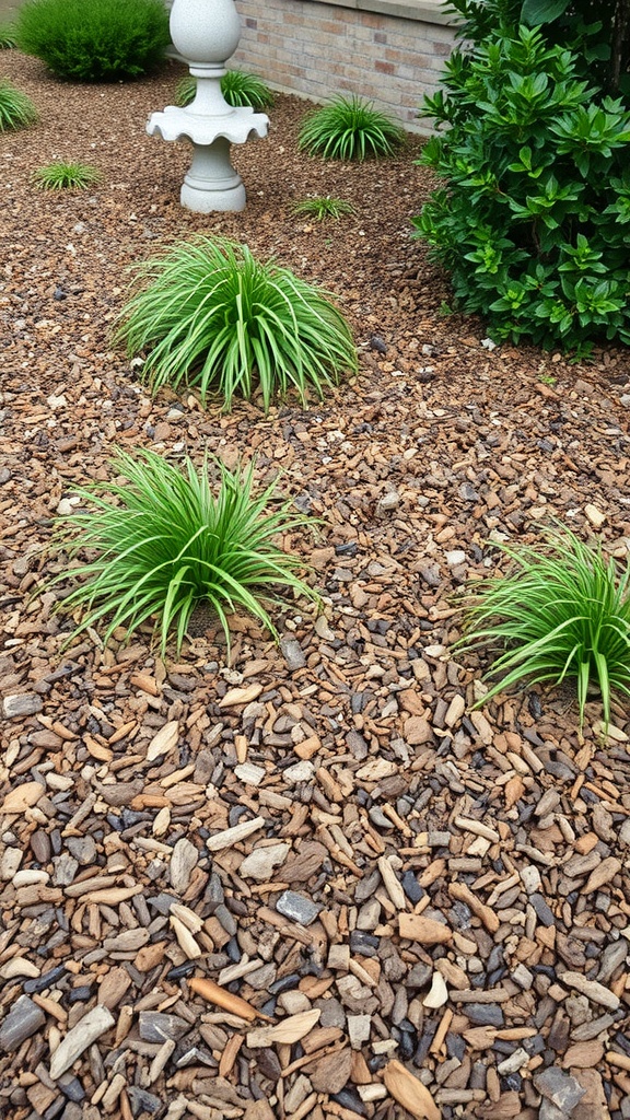 A garden area with a layer of mulch and green plants.