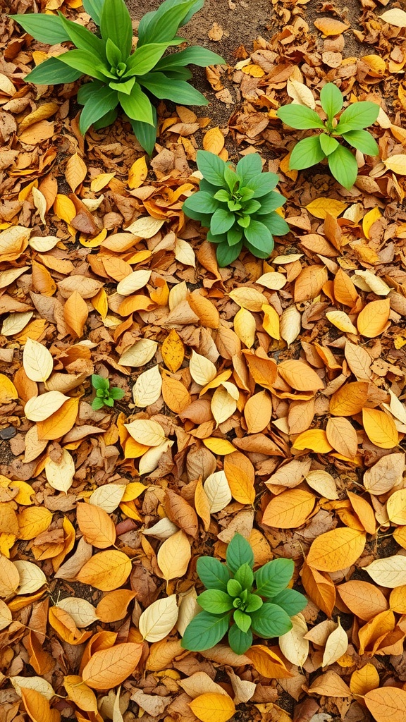 A garden bed covered in colorful leaves with green plants growing through.