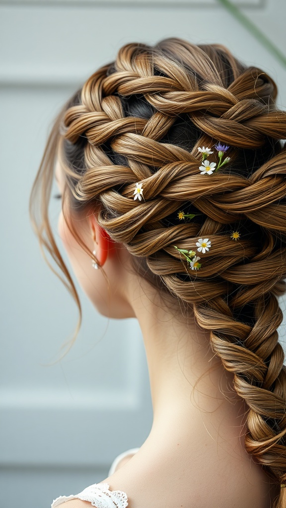 A detailed view of a multi-braid updo hairstyle adorned with small flowers.