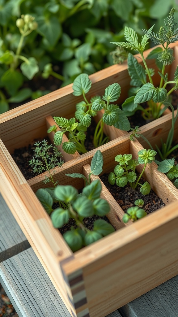 A multi-compartment wooden herb box filled with various herbs.