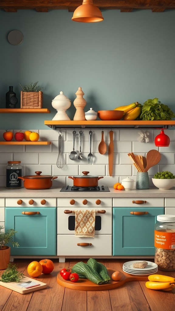 A colorful kitchen with fresh produce, cooking utensils, and pots, perfect for multi-cultural cuisine.