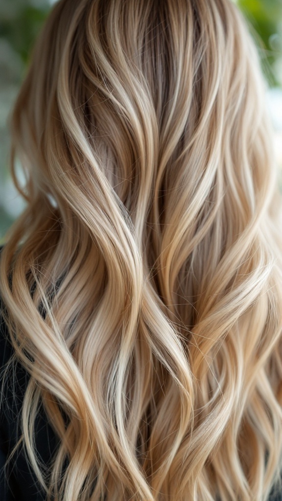 A close-up view of long blonde hair with highlights, showcasing soft waves and a multi-dimensional look.