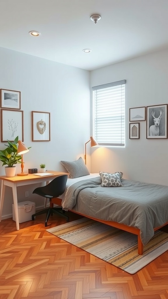 A cozy bedroom featuring a multi-functional bed and desk combo with natural light.