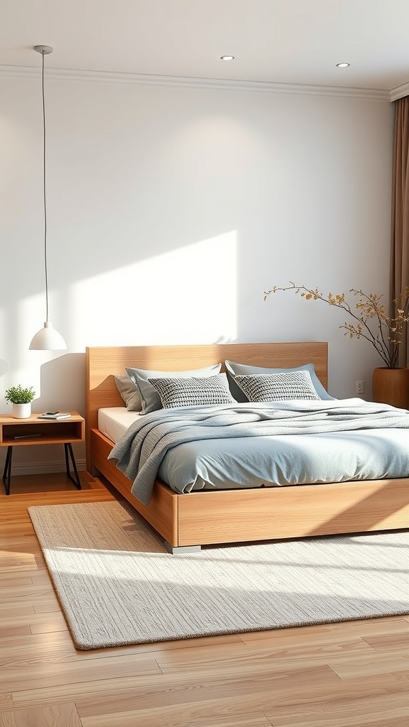A modern bedroom featuring a multi-functional wooden bed frame with a cozy blanket and decorative pillows.