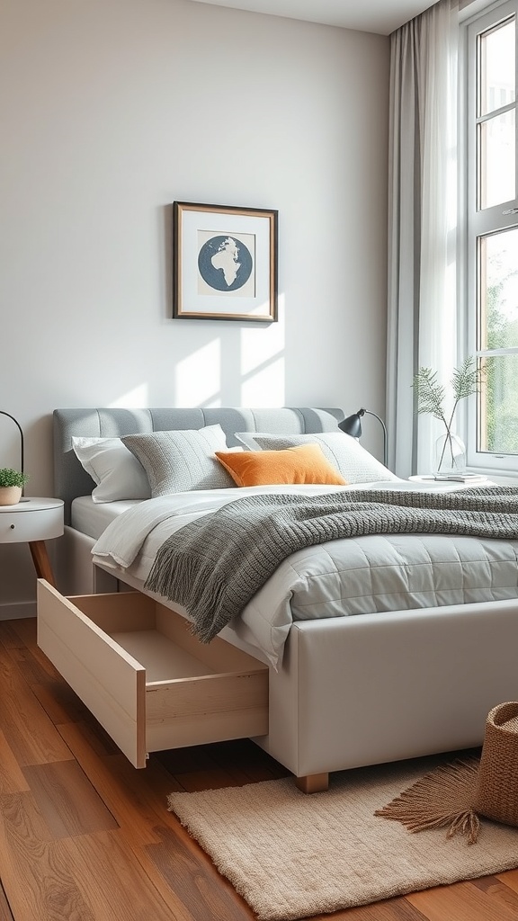 A modern bedroom featuring a bed with a built-in storage drawer underneath, styled with cozy bedding and a warm atmosphere.