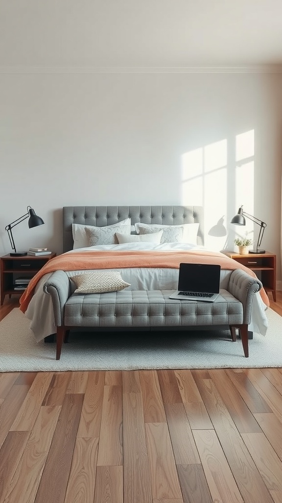 Stylish grey multi-functional bench at the end of a bed in a modern bedroom.