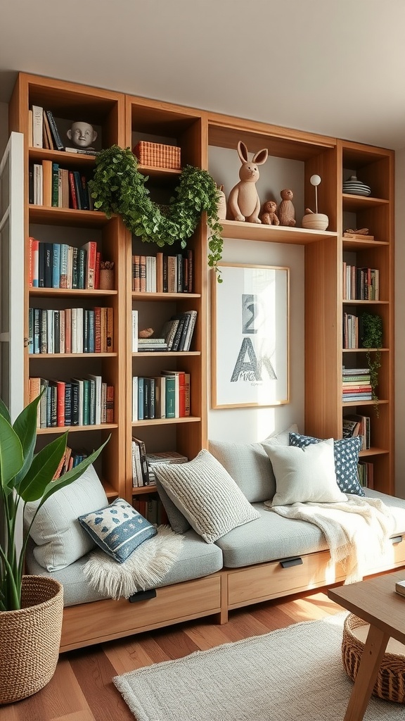 A cozy multi-functional bookshelf with books, decorative items, and a seating area for kids.