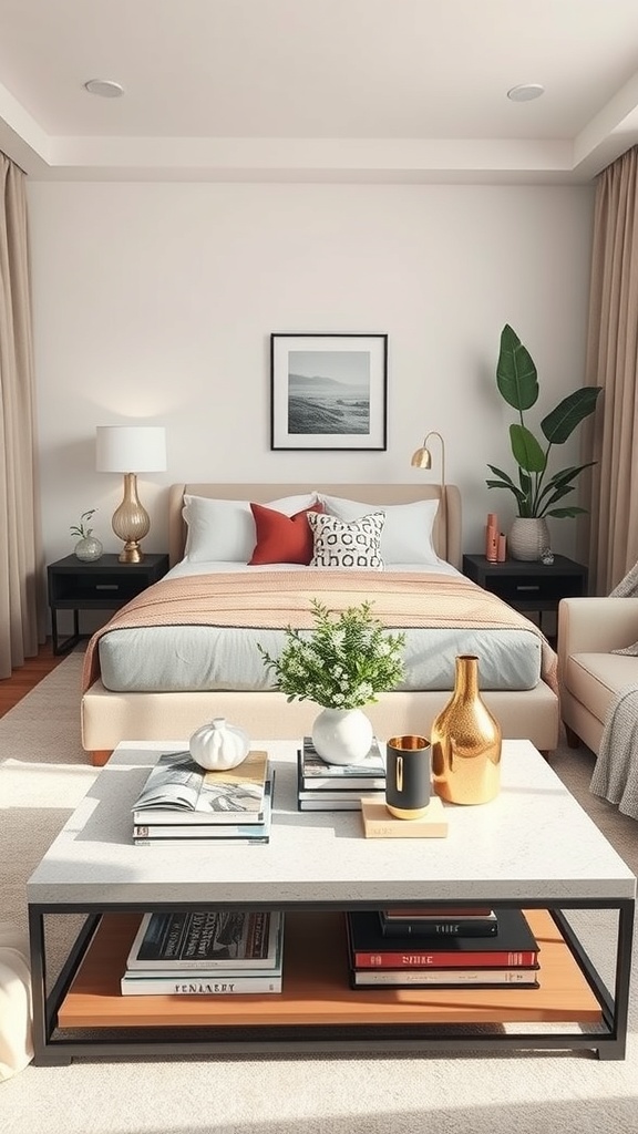 A stylish living room featuring a modern coffee table with storage, surrounded by a cozy bed and decorative elements.