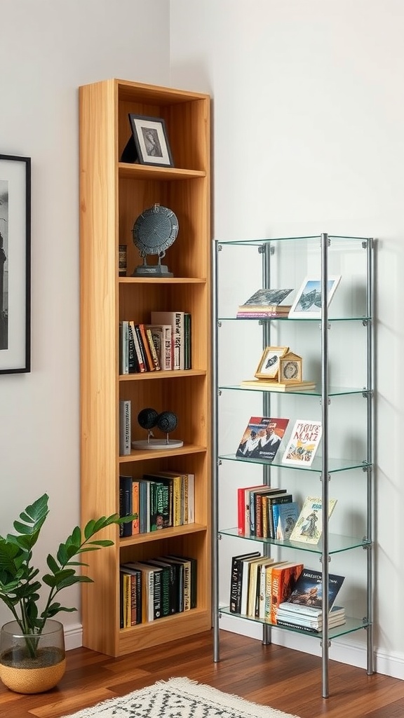 Two corner bookshelves: one wooden and one glass, showcasing books and decorative items.