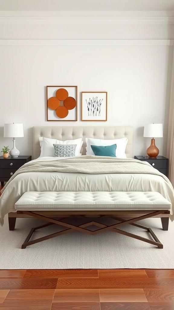 A cozy bedroom featuring a multi-functional folding bench at the foot of the bed.