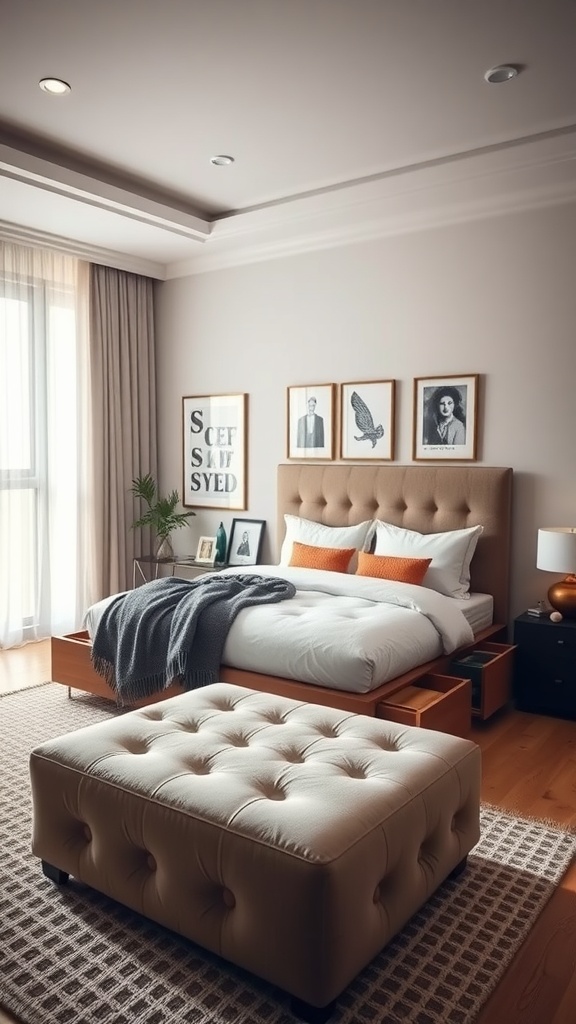 A stylish bedroom featuring a bed with built-in storage and a tufted ottoman, showcasing multi-functional furniture.