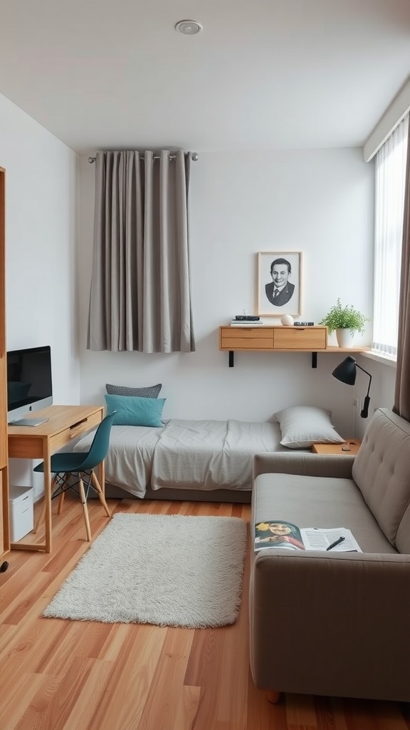 A shared bedroom featuring multi-functional furniture, including a bed, desk, and wall-mounted shelves.