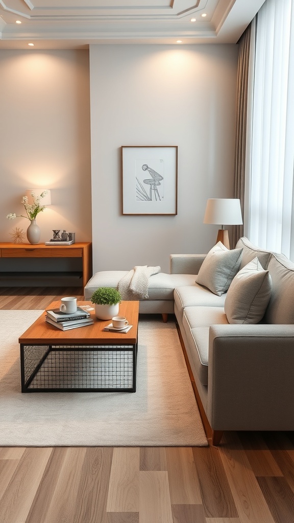 Cozy living room with multi-functional furniture, featuring a sofa and a coffee table that doubles as storage.