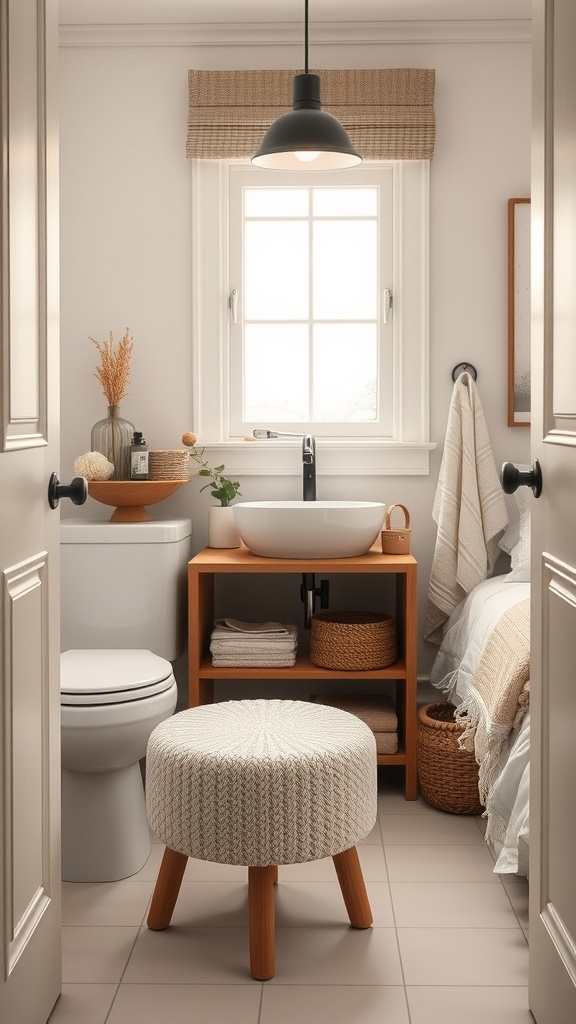 A small bathroom featuring a round knitted stool, a wooden shelf with towels, and a bright window.