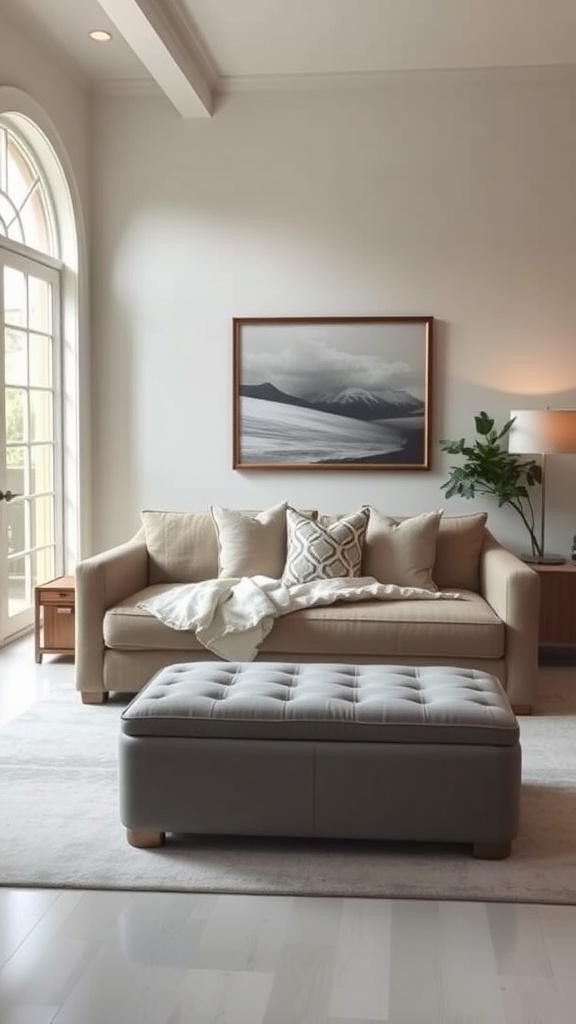 A cozy living room featuring a light-colored sofa with cushions and a storage ottoman.