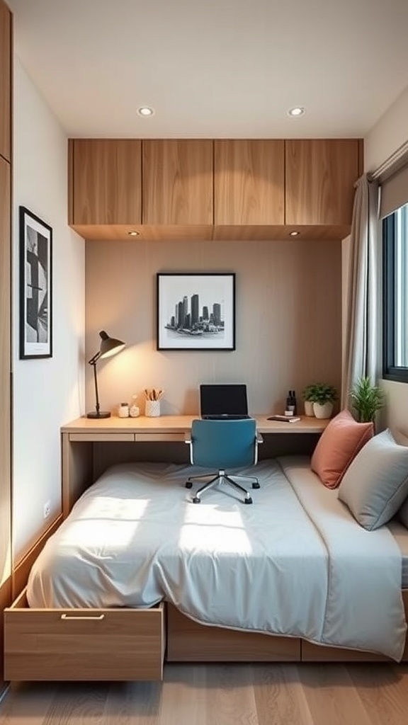 A small bedroom featuring a bed with storage drawers, a compact desk, and wall-mounted cabinets.