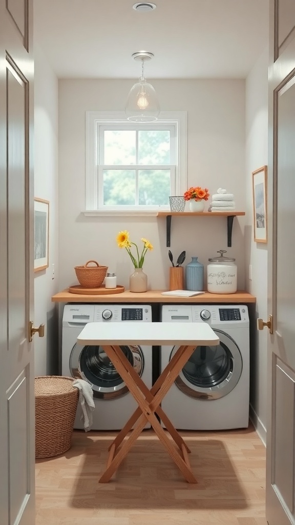 A small laundry room featuring a folding table, washing machines, and decorative shelves with flowers.