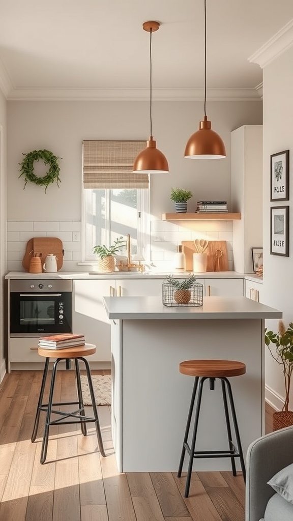 A cozy tiny kitchen featuring a central island with multi-functional stools, open shelving, and stylish pendant lights.