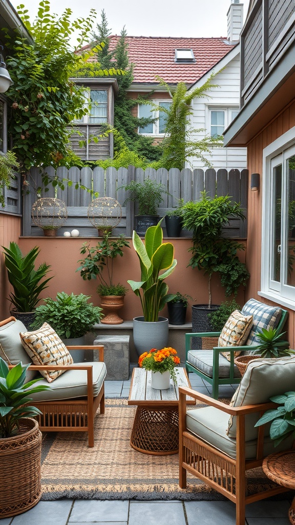 A cozy small backyard featuring multi-functional furniture, plants, and a stylish design.