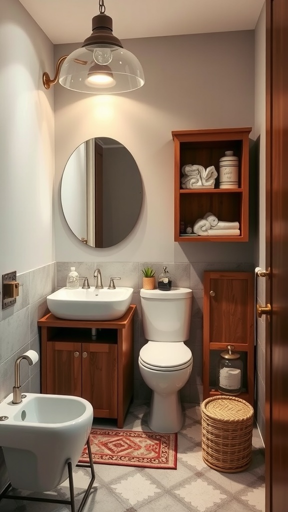 A small modern bathroom with multi-functional furniture including a compact vanity, shelves, and decorative storage.
