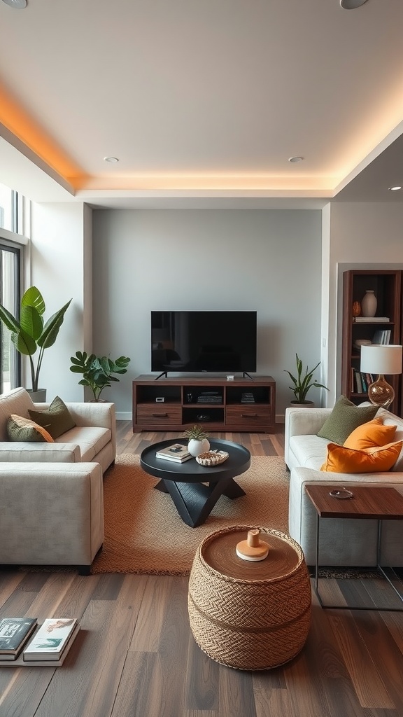 A cozy living room featuring a TV wall, two sofas, a coffee table, and decorative plants.