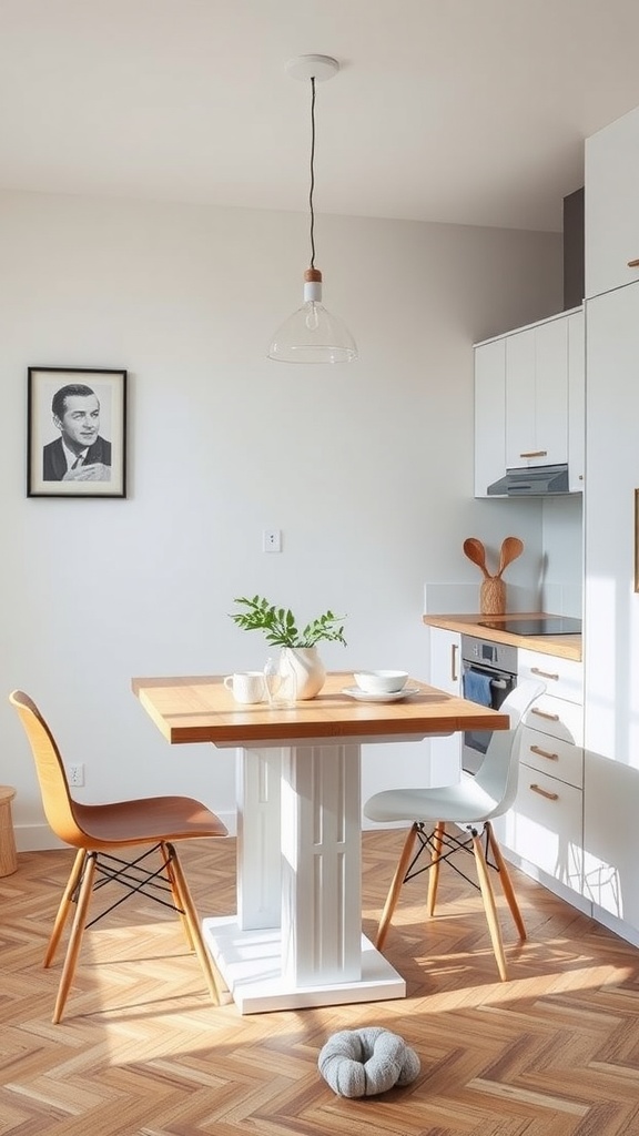 A small kitchen featuring a multi-functional table and two stylish chairs, with a plant centerpiece and a hanging light.