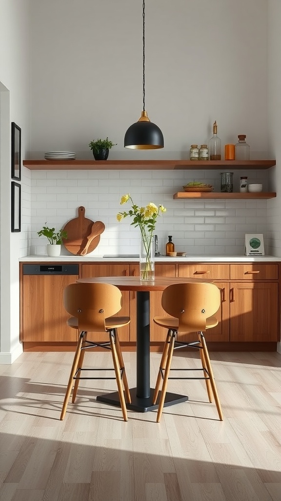 A small kitchen with a round table, two wooden chairs, and open shelving.