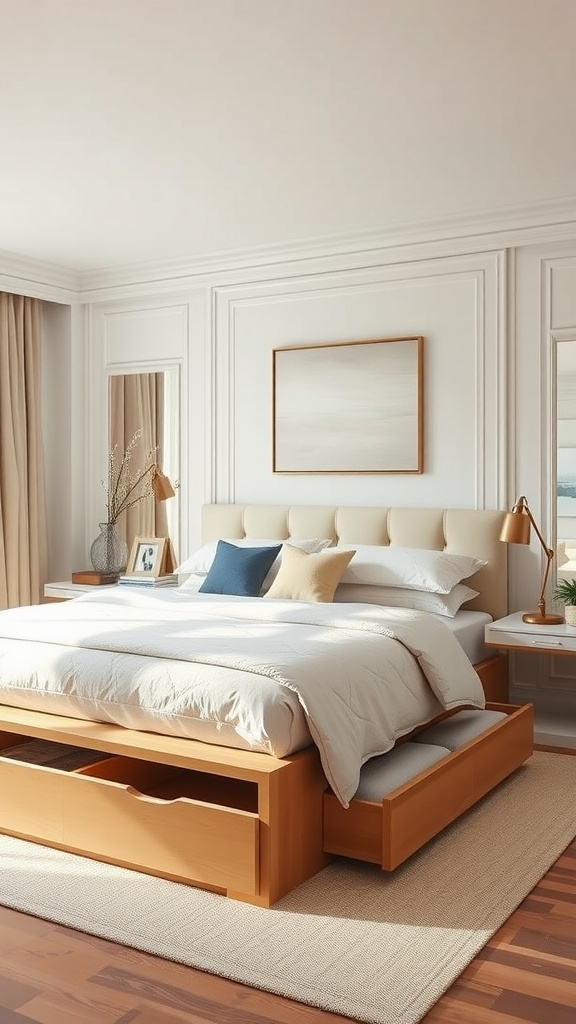 A cozy bedroom featuring a bed with storage drawers, light curtains, and a simple decor.