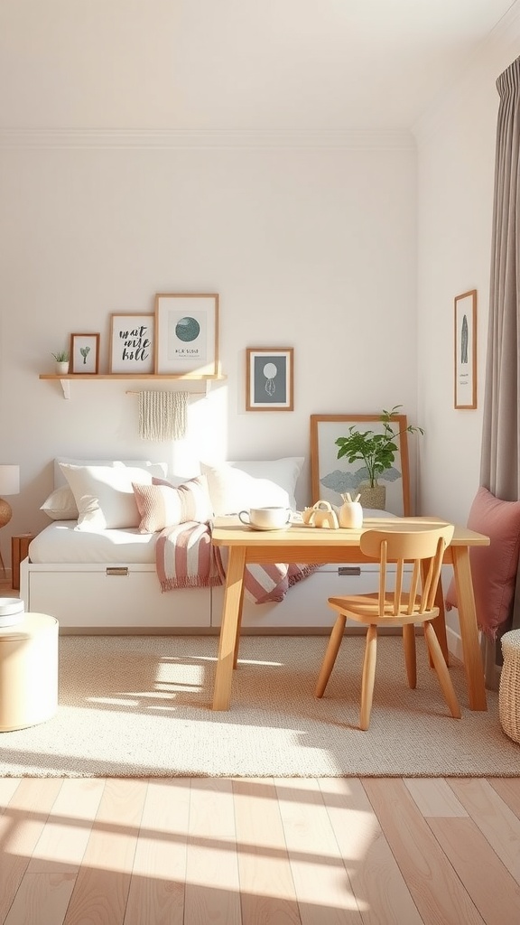 A bright and cozy Montessori toddler bedroom featuring a daybed, small table and chair, and framed art on the walls.