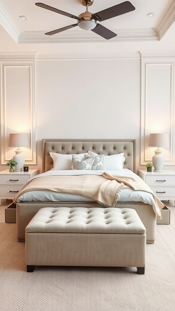 A stylish bedroom featuring a tufted bed and a storage ottoman.