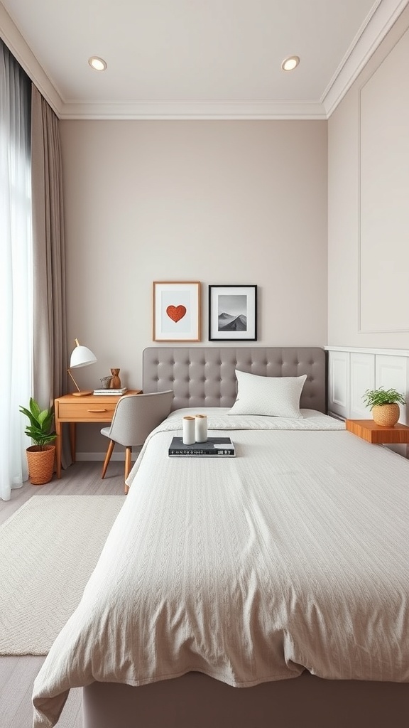 A small bedroom with a king bed, multi-functional furniture, and a cozy atmosphere.