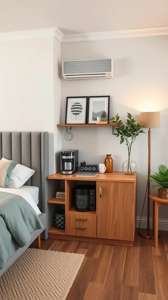 A cozy coffee bar setup in a small space featuring a wooden cabinet with a coffee maker, decorative items, and a shelf with art and plants.