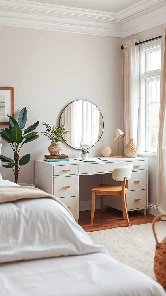 A stylish bedroom with a desk and vanity combo featuring a round mirror, plant decor, and a cozy atmosphere.