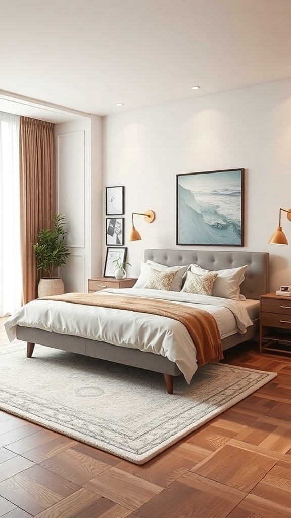 A modern bedroom featuring a bed with storage, nightstands, and wall-mounted lamps.
