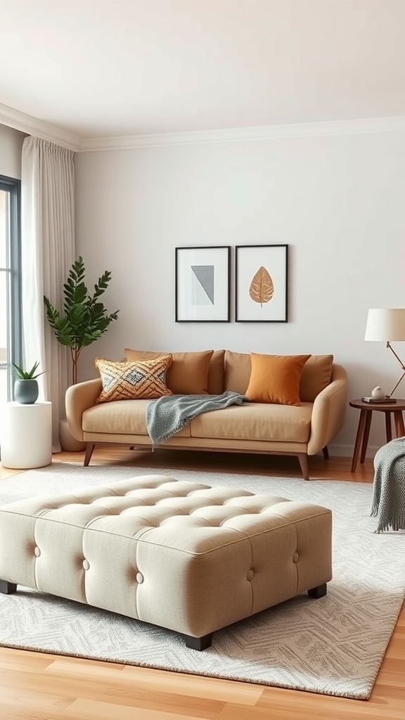 Cozy living room with a stylish sofa and a multi-functional ottoman.