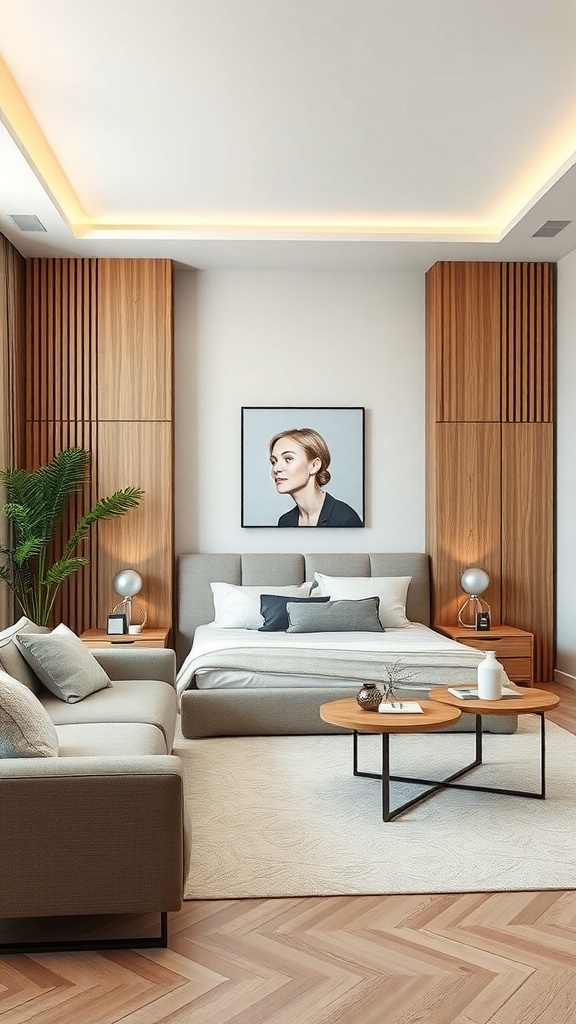 A modern living room featuring a sofa, coffee table, and integrated bed with wooden accents and soft lighting.