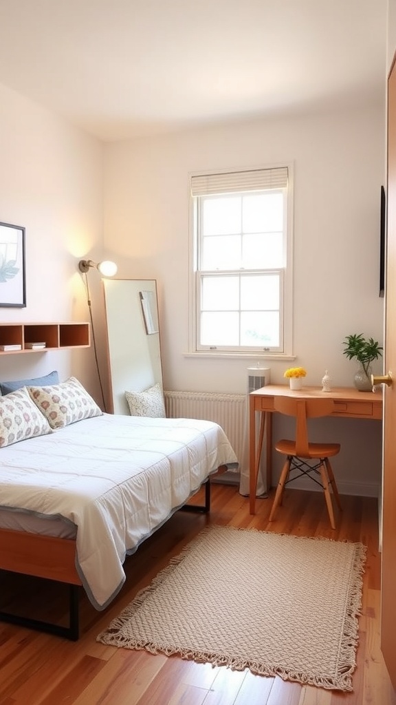 Small guest bedroom with a bed, desk, and mirror, showcasing multi-functional furniture